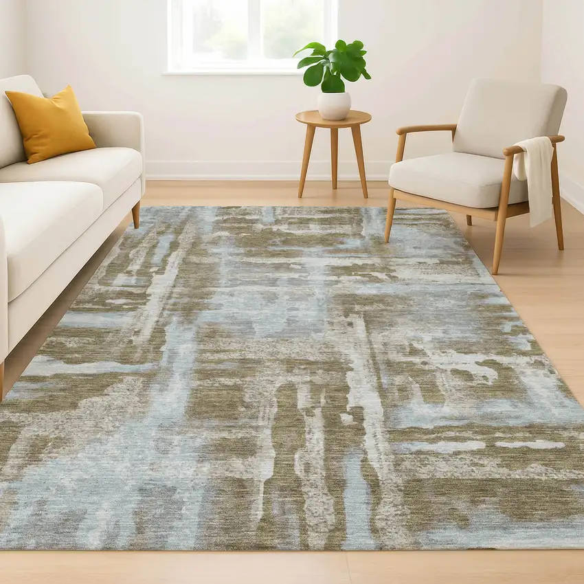 Brown And Beige Abstract Washable Area Rug With UV Protection Photo 6