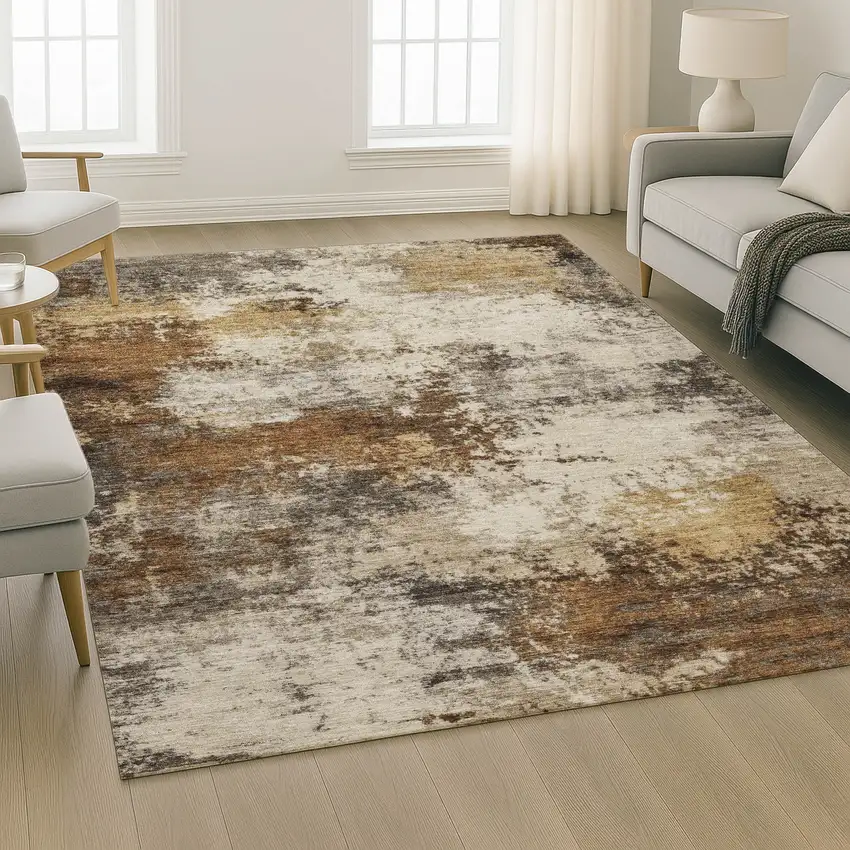 Brown And Beige Abstract Washable Area Rug With UV Protection Photo 6