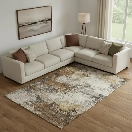 Brown And Beige Abstract Washable Area Rug With UV Protection Photo 2