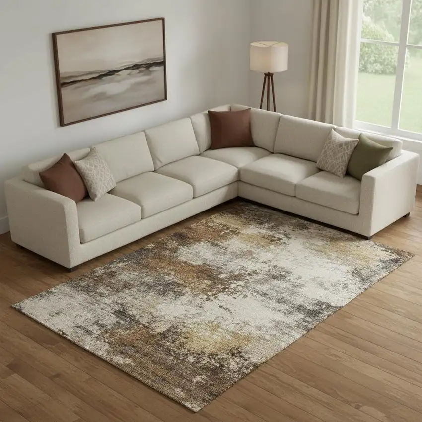 Brown And Beige Abstract Washable Area Rug With UV Protection Photo 2