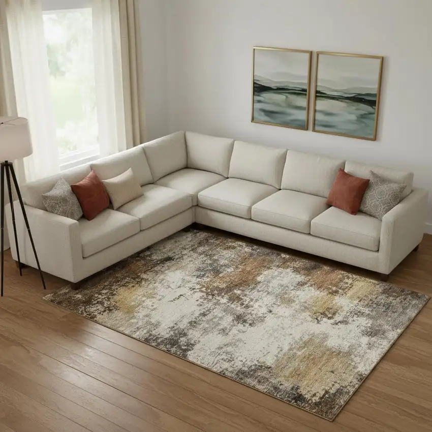 Brown And Beige Abstract Washable Area Rug With UV Protection Photo 2