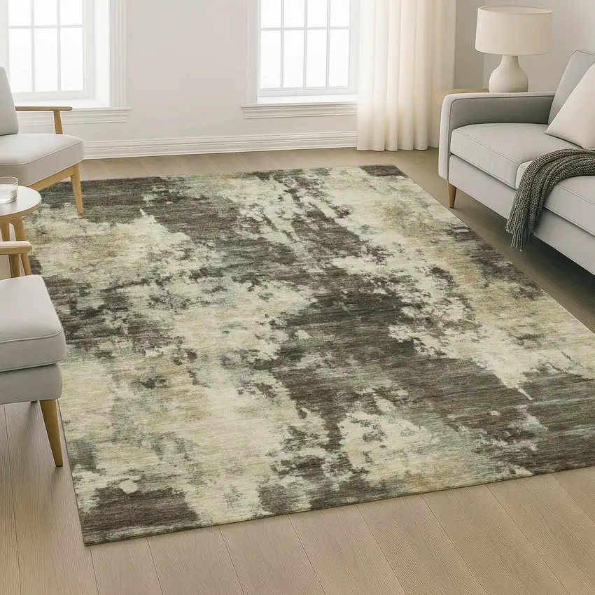 Brown And Beige Abstract Washable Area Rug With UV Protection Photo 6