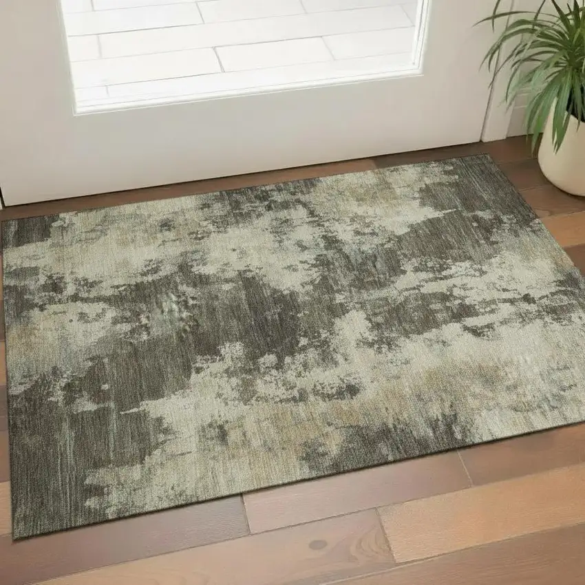 Brown And Beige Abstract Washable Area Rug With UV Protection Photo 2
