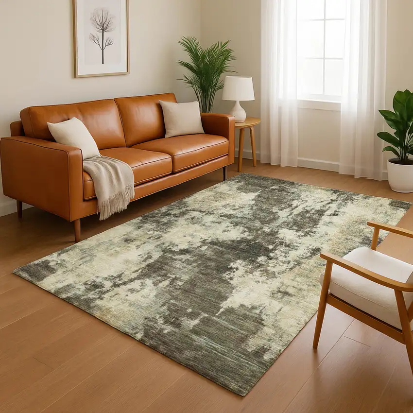 Brown And Beige Abstract Washable Area Rug With UV Protection Photo 5