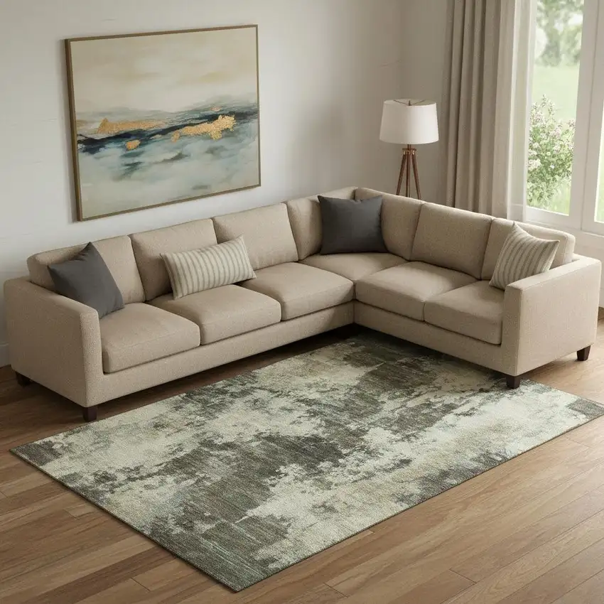 Brown And Beige Abstract Washable Area Rug With UV Protection Photo 2