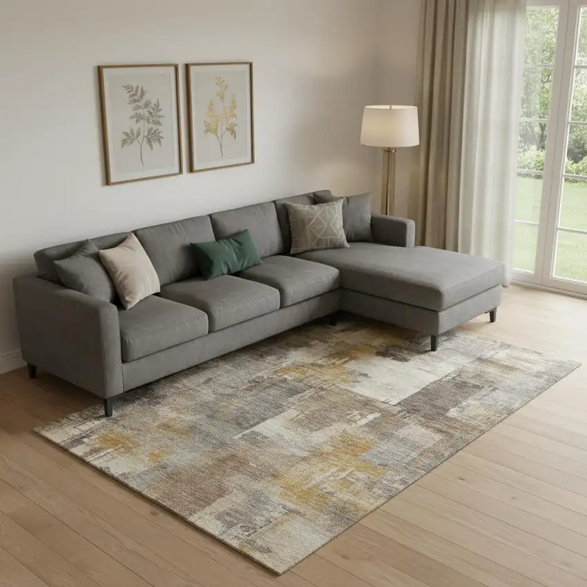 Brown And Beige Abstract Washable Area Rug With UV Protection Photo 2