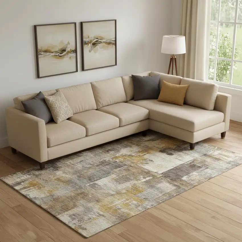 Brown And Beige Abstract Washable Area Rug With UV Protection Photo 2