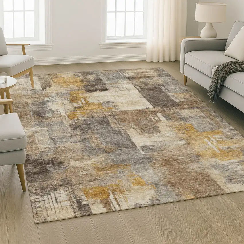 Brown And Beige Abstract Washable Area Rug With UV Protection Photo 6