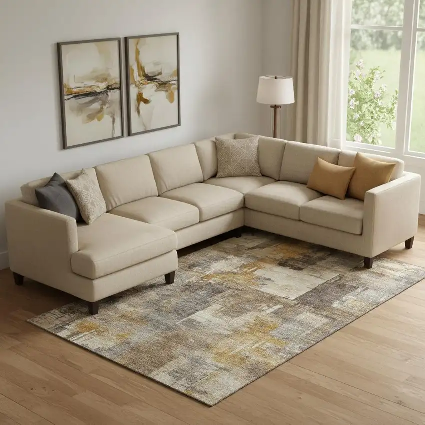 Brown And Beige Abstract Washable Area Rug With UV Protection Photo 2