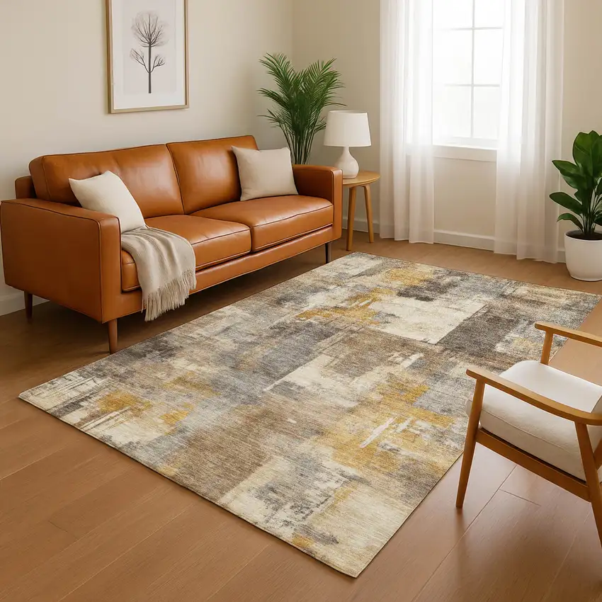 Brown And Beige Abstract Washable Area Rug With UV Protection Photo 5