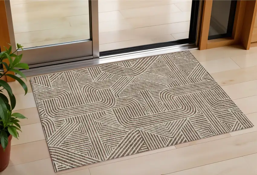 Brown And Beige Abstract Washable Indoor Outdoor Area Rug Photo 1
