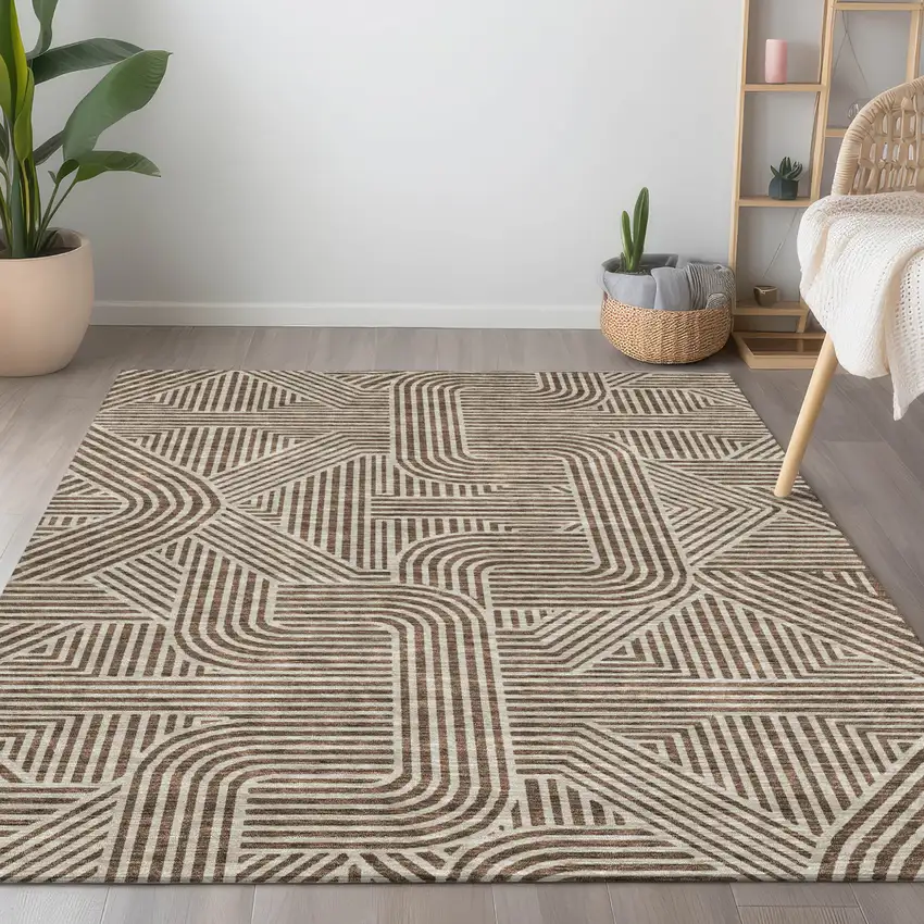 Brown And Beige Abstract Washable Indoor Outdoor Area Rug Photo 9