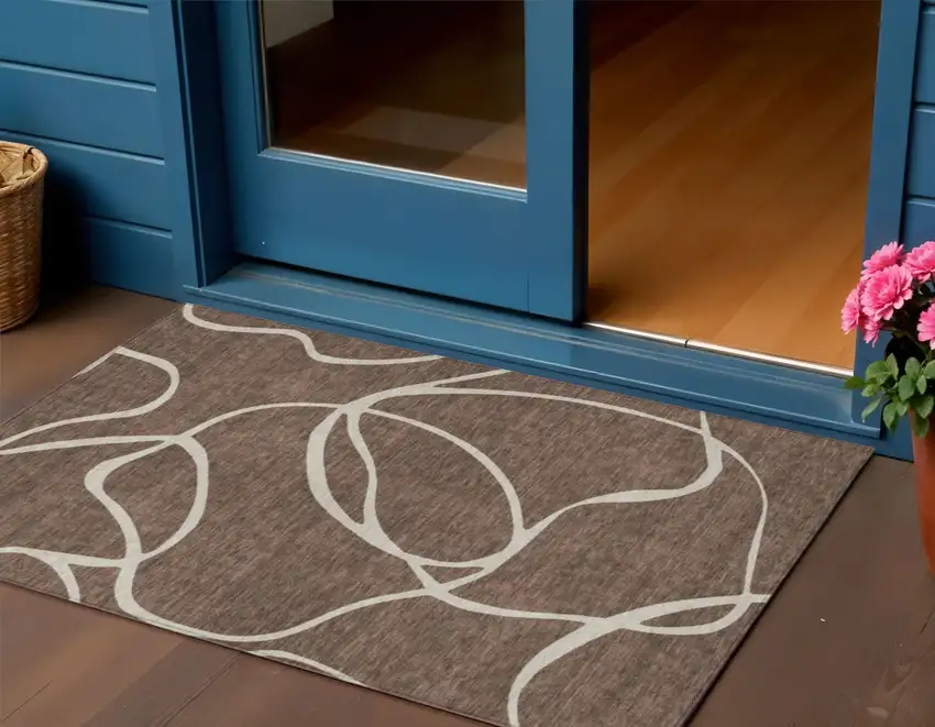 Brown And Beige Abstract Washable Indoor Outdoor Area Rug Photo 1