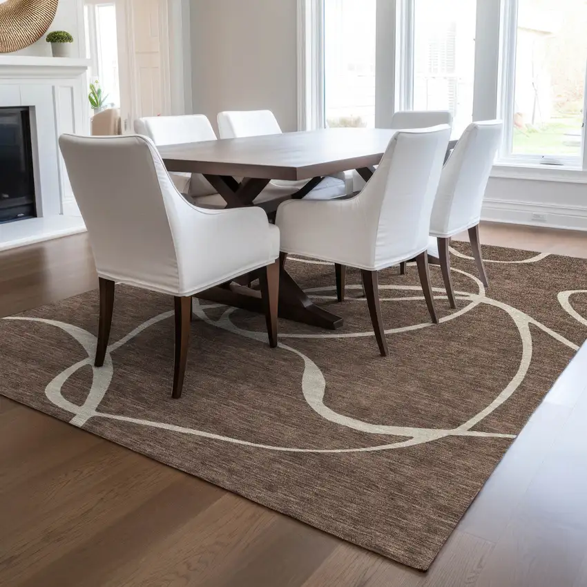 Brown And Beige Abstract Washable Indoor Outdoor Area Rug Photo 9