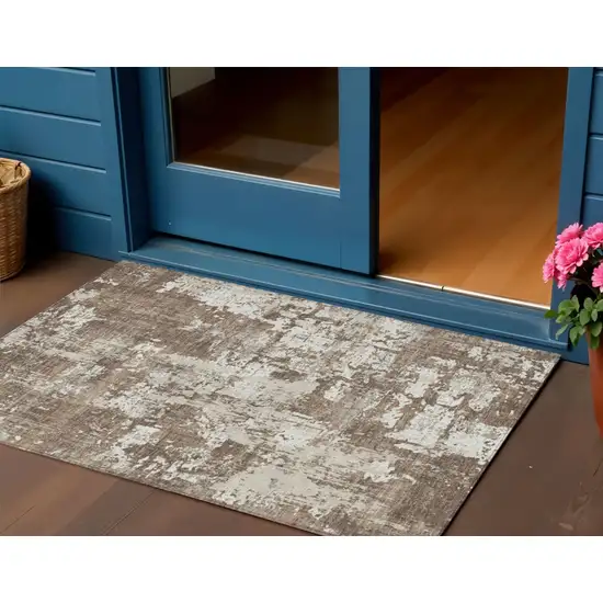 Brown And Beige Abstract Washable Indoor Outdoor Area Rug Photo 1