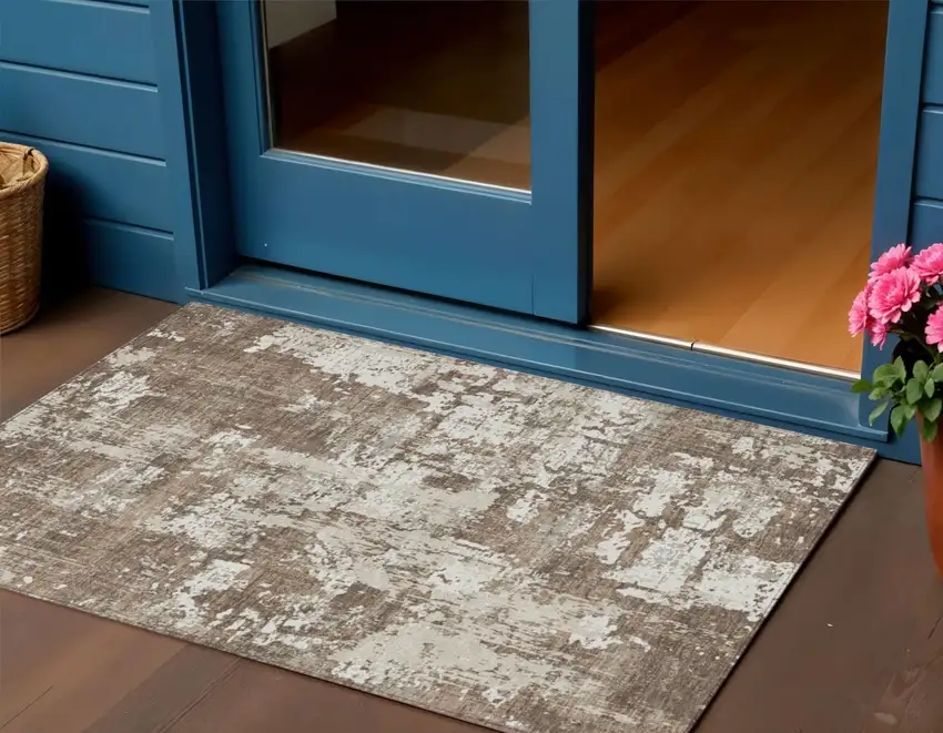 Brown And Beige Abstract Washable Indoor Outdoor Area Rug Photo 1