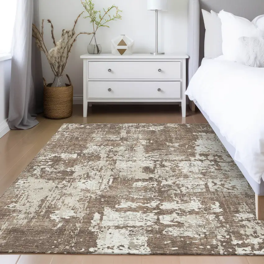 Brown And Beige Abstract Washable Indoor Outdoor Area Rug Photo 9