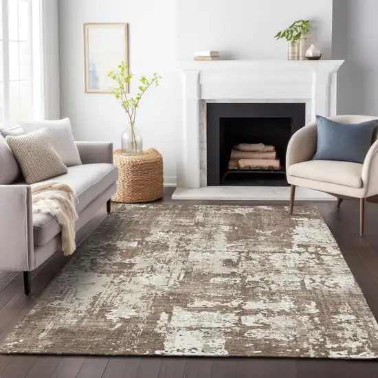 Brown And Beige Abstract Washable Indoor Outdoor Area Rug Photo 8