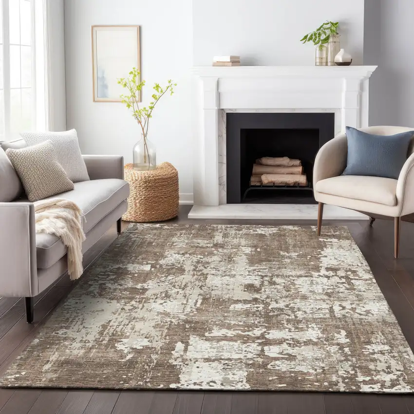 Brown And Beige Abstract Washable Indoor Outdoor Area Rug Photo 8