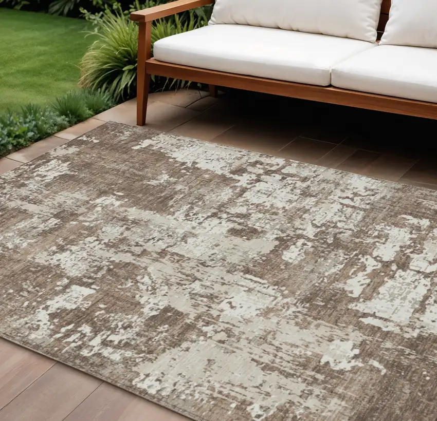 Brown And Beige Abstract Washable Indoor Outdoor Area Rug Photo 1