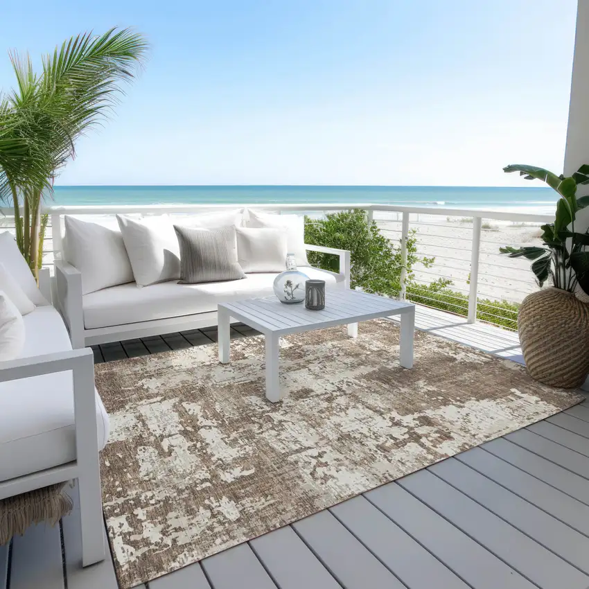 Brown And Beige Abstract Washable Indoor Outdoor Area Rug Photo 9