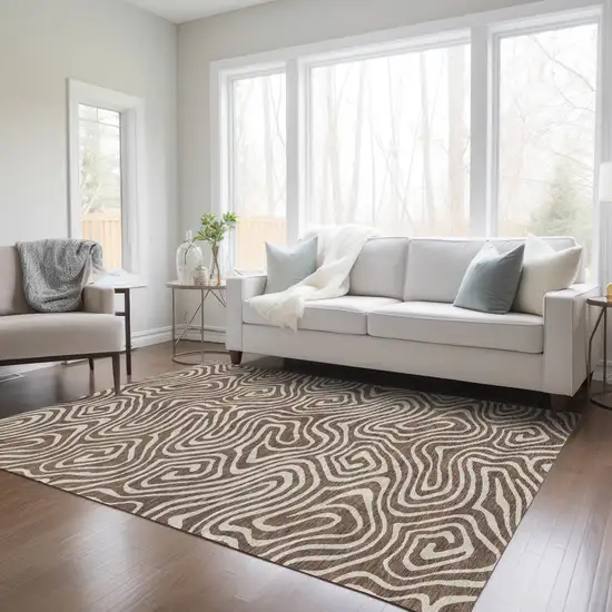 Brown And Beige Abstract Washable Indoor Outdoor Area Rug Photo 9