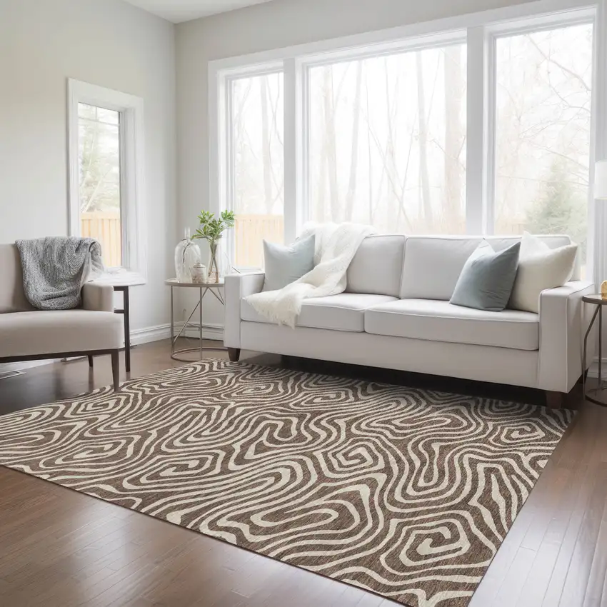 Brown And Beige Abstract Washable Indoor Outdoor Area Rug Photo 9