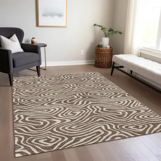 Brown And Beige Abstract Washable Indoor Outdoor Area Rug Photo 8