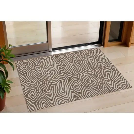 Brown And Beige Abstract Washable Indoor Outdoor Area Rug Photo 1