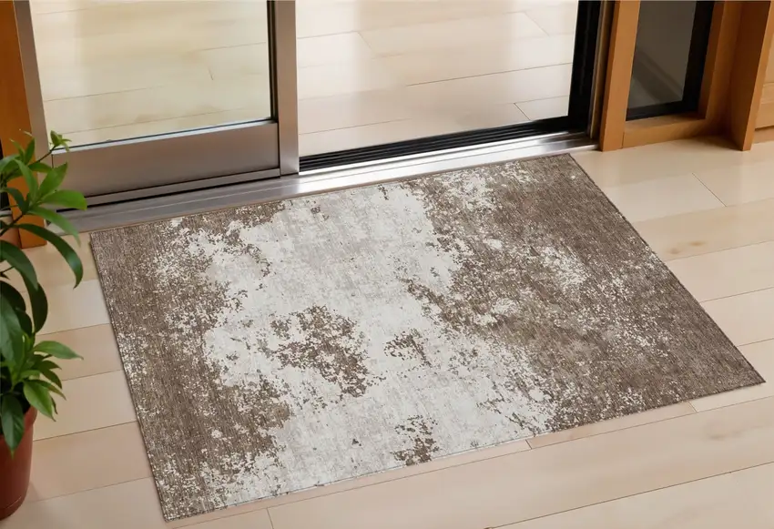 Brown And Beige Abstract Washable Indoor Outdoor Area Rug Photo 1