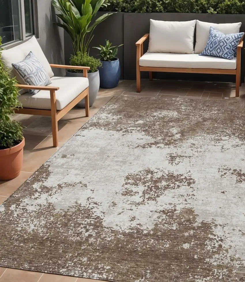 Brown And Beige Abstract Washable Indoor Outdoor Area Rug Photo 1