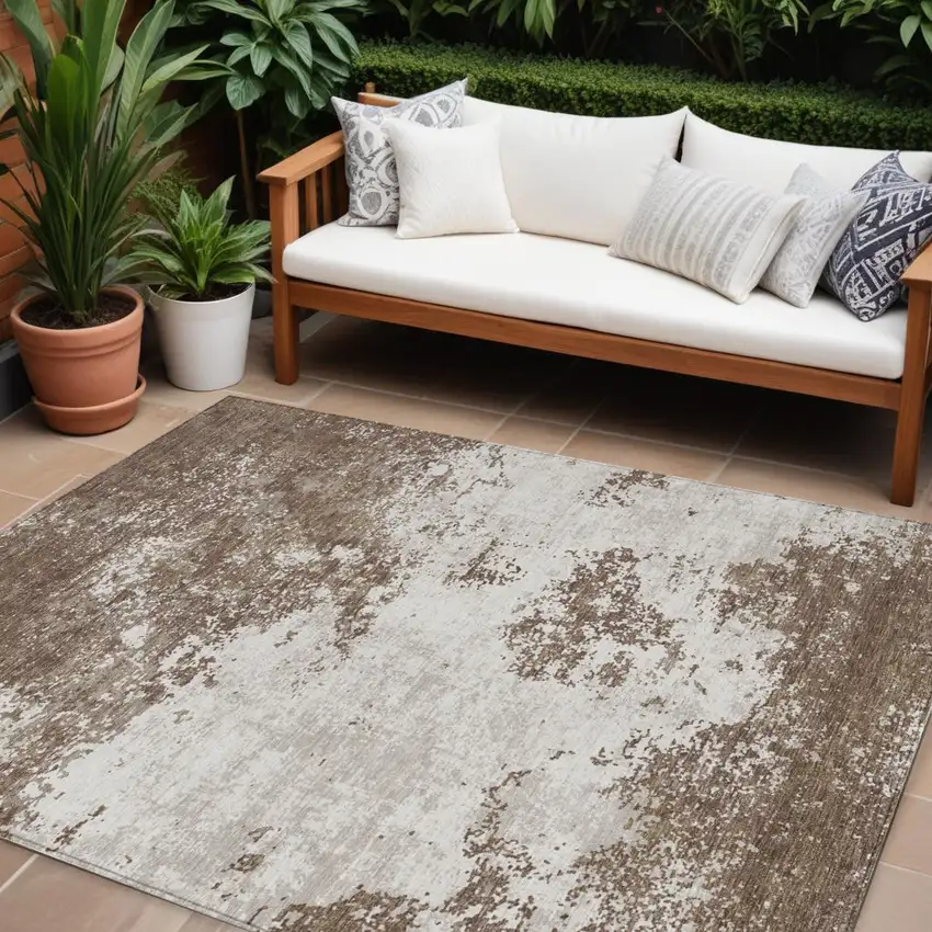 Brown And Beige Abstract Washable Indoor Outdoor Area Rug Photo 1