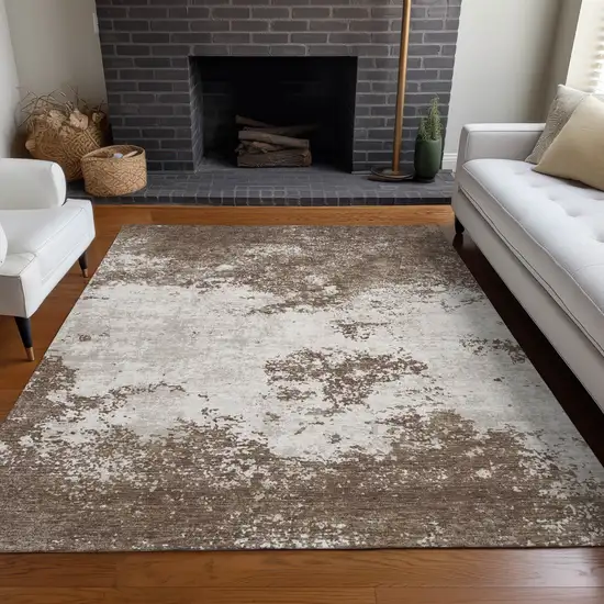 Brown And Beige Abstract Washable Indoor Outdoor Area Rug Photo 9