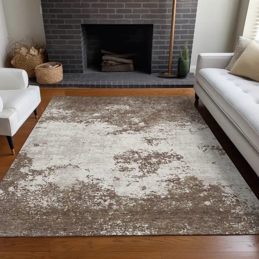 Brown And Beige Abstract Washable Indoor Outdoor Area Rug Photo 9