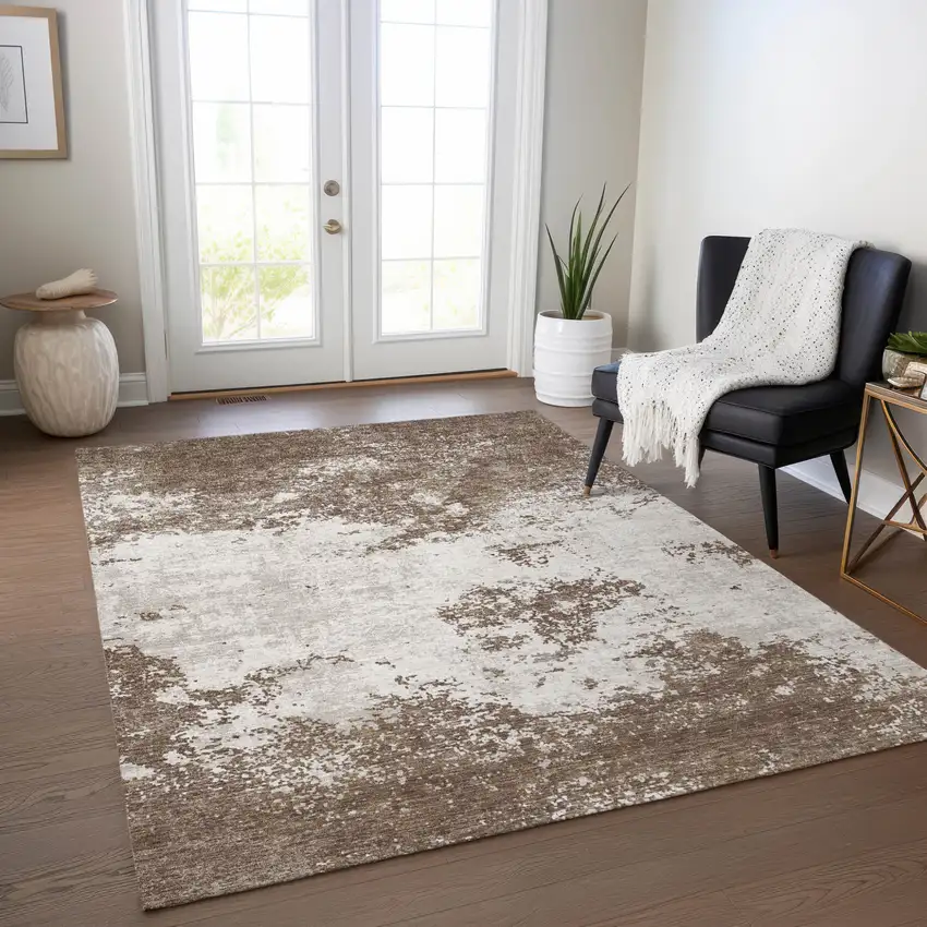 Brown And Beige Abstract Washable Indoor Outdoor Area Rug Photo 9