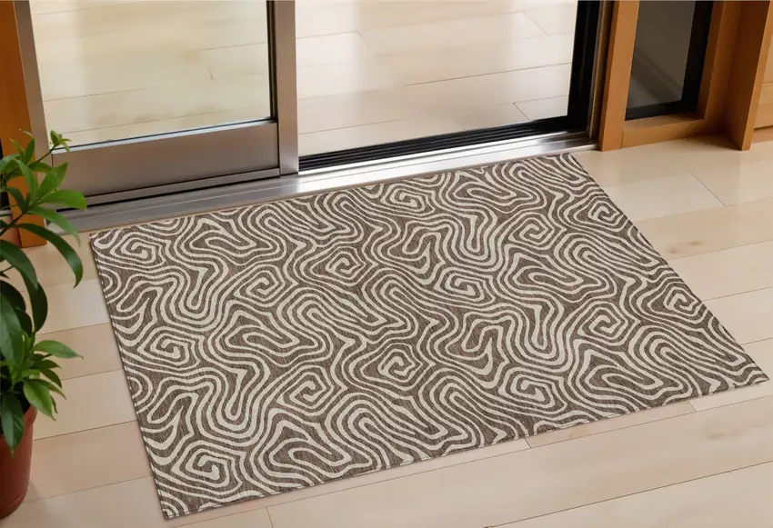Brown And Beige Abstract Washable Indoor Outdoor Area Rug Photo 1
