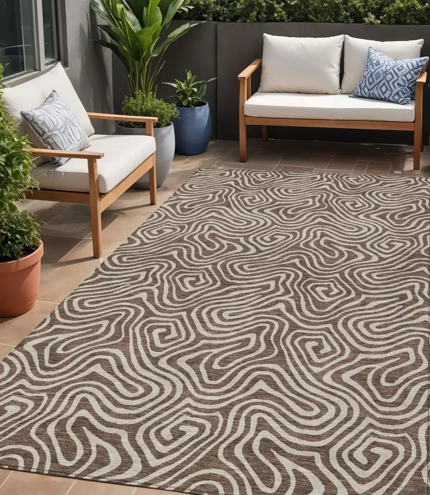 Brown And Beige Abstract Washable Indoor Outdoor Area Rug Photo 1