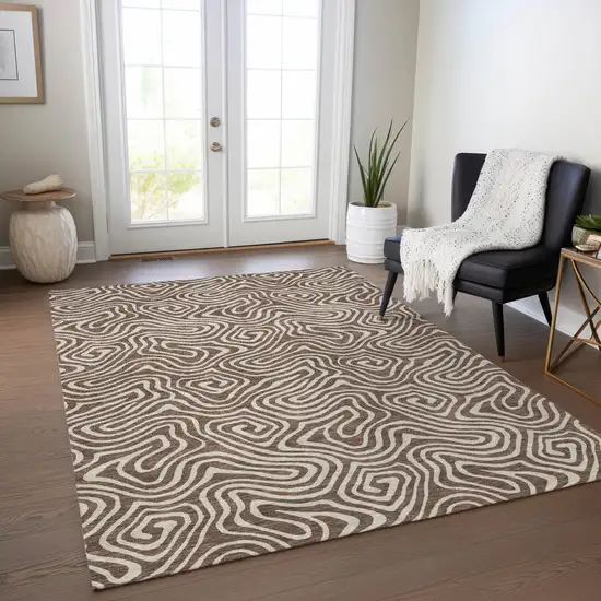 Brown And Beige Abstract Washable Indoor Outdoor Area Rug Photo 9