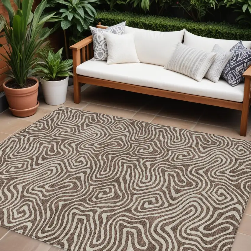 Brown And Beige Abstract Washable Indoor Outdoor Area Rug Photo 1