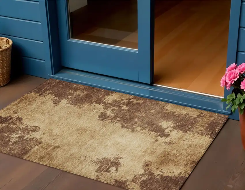 Brown And Beige Abstract Washable Indoor Outdoor Area Rug Photo 2