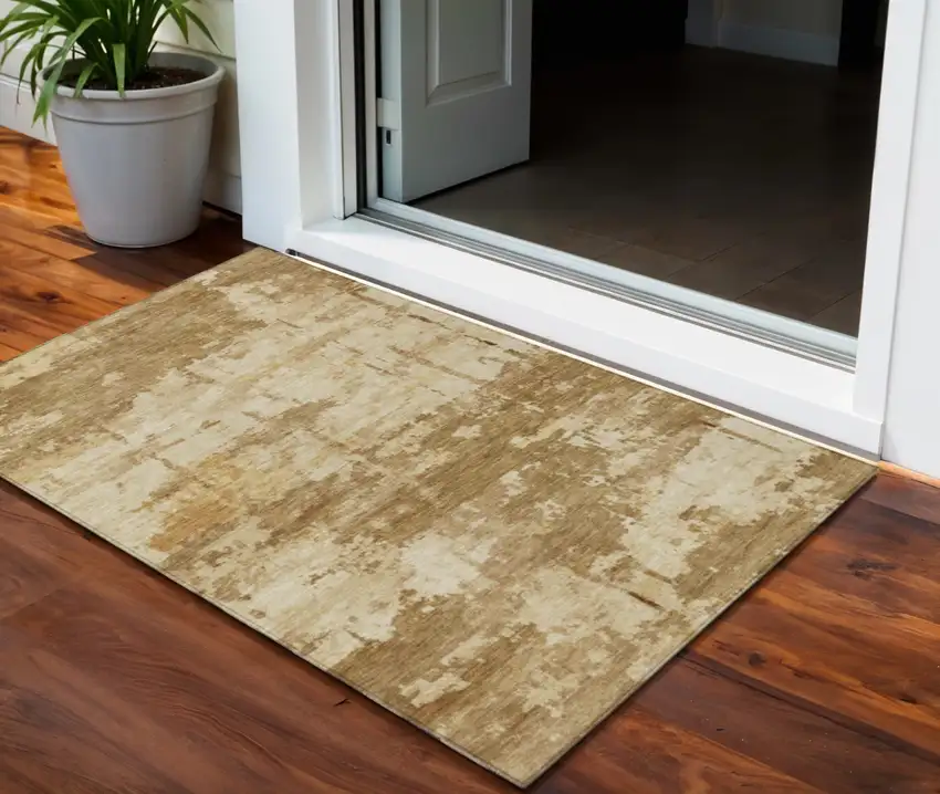 Brown And Beige Abstract Washable Indoor Outdoor Area Rug Photo 1