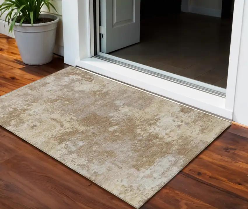Brown And Beige Abstract Washable Indoor Outdoor Area Rug Photo 1