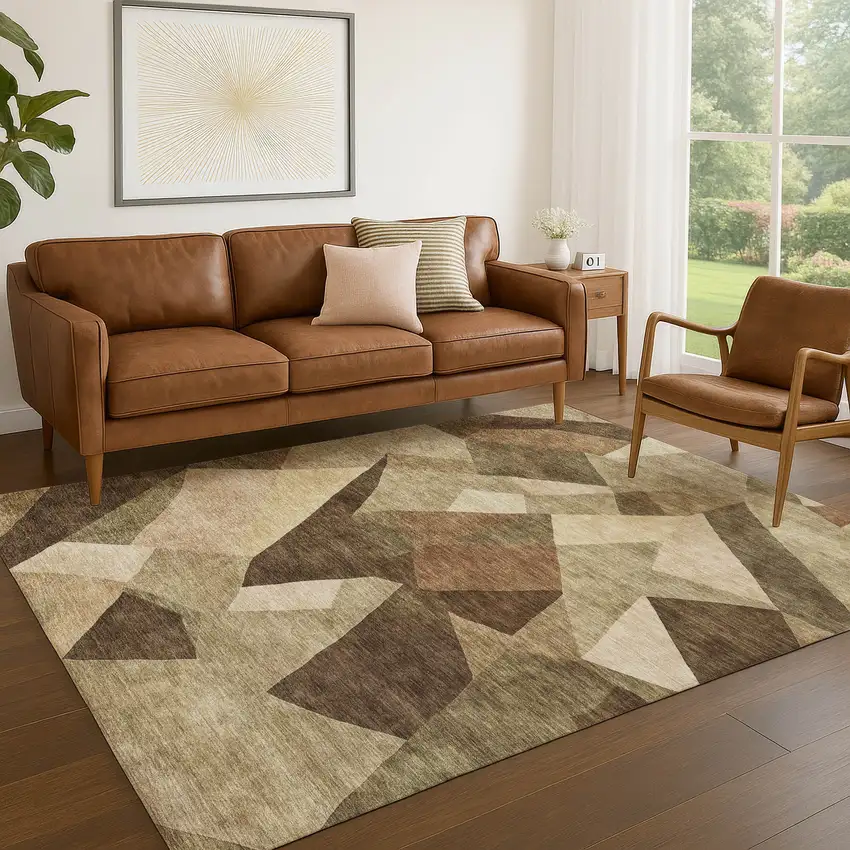 Brown And Beige Abstract Washable Indoor Outdoor Area Rug Photo 5