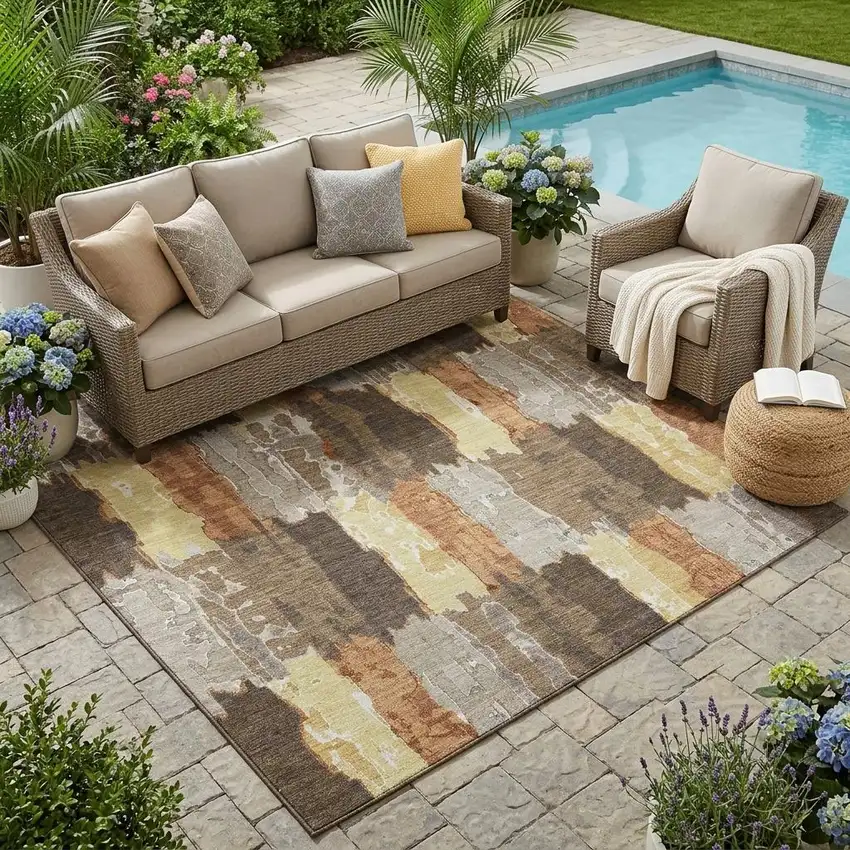 Brown And Beige Abstract Washable Indoor Outdoor Area Rug Photo 1