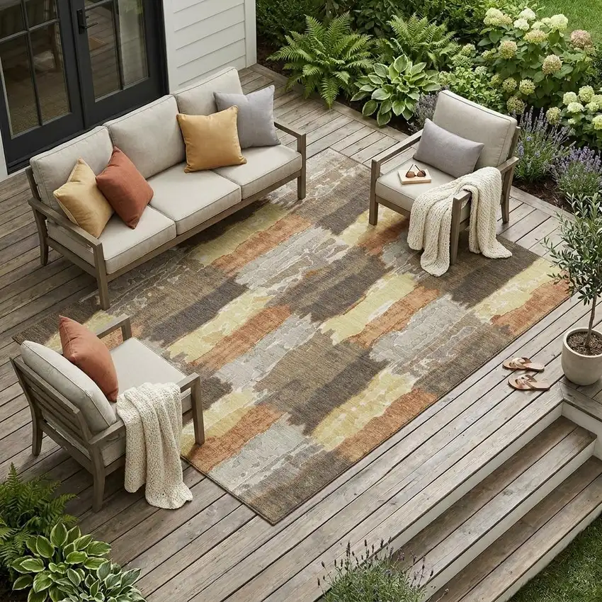 Brown And Beige Abstract Washable Indoor Outdoor Area Rug Photo 1