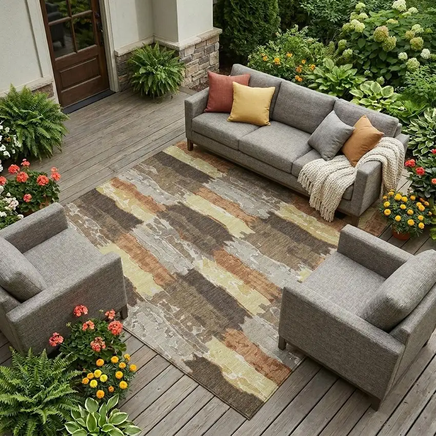 Brown And Beige Abstract Washable Indoor Outdoor Area Rug Photo 1