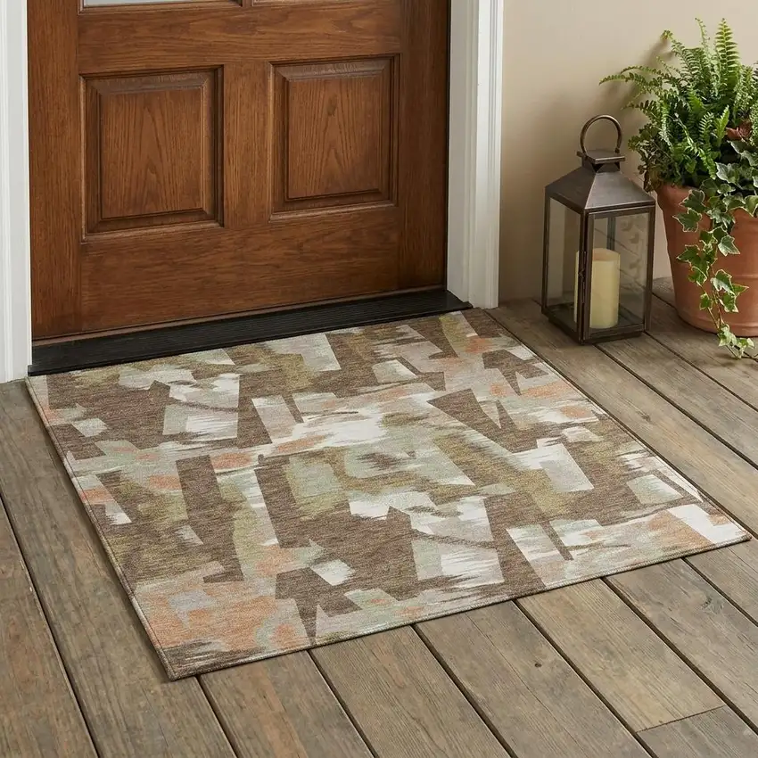 Brown And Beige Abstract Washable Indoor Outdoor Area Rug Photo 1