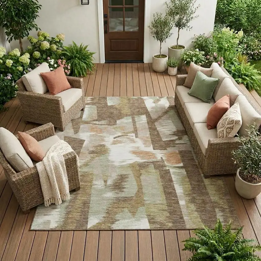 Brown And Beige Abstract Washable Indoor Outdoor Area Rug Photo 1