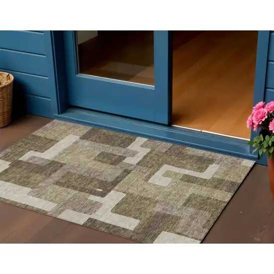 Brown And Beige Abstract Washable Indoor Outdoor Area Rug Photo 1