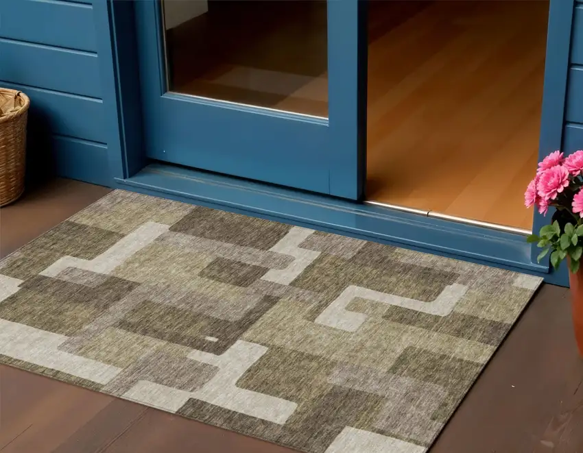 Brown And Beige Abstract Washable Indoor Outdoor Area Rug Photo 1